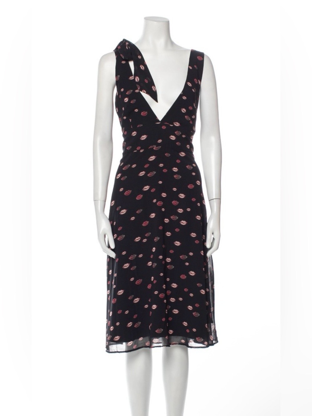 Hutch Black and Pink Lip-Print V-Neck Tie-Shoulder Dress